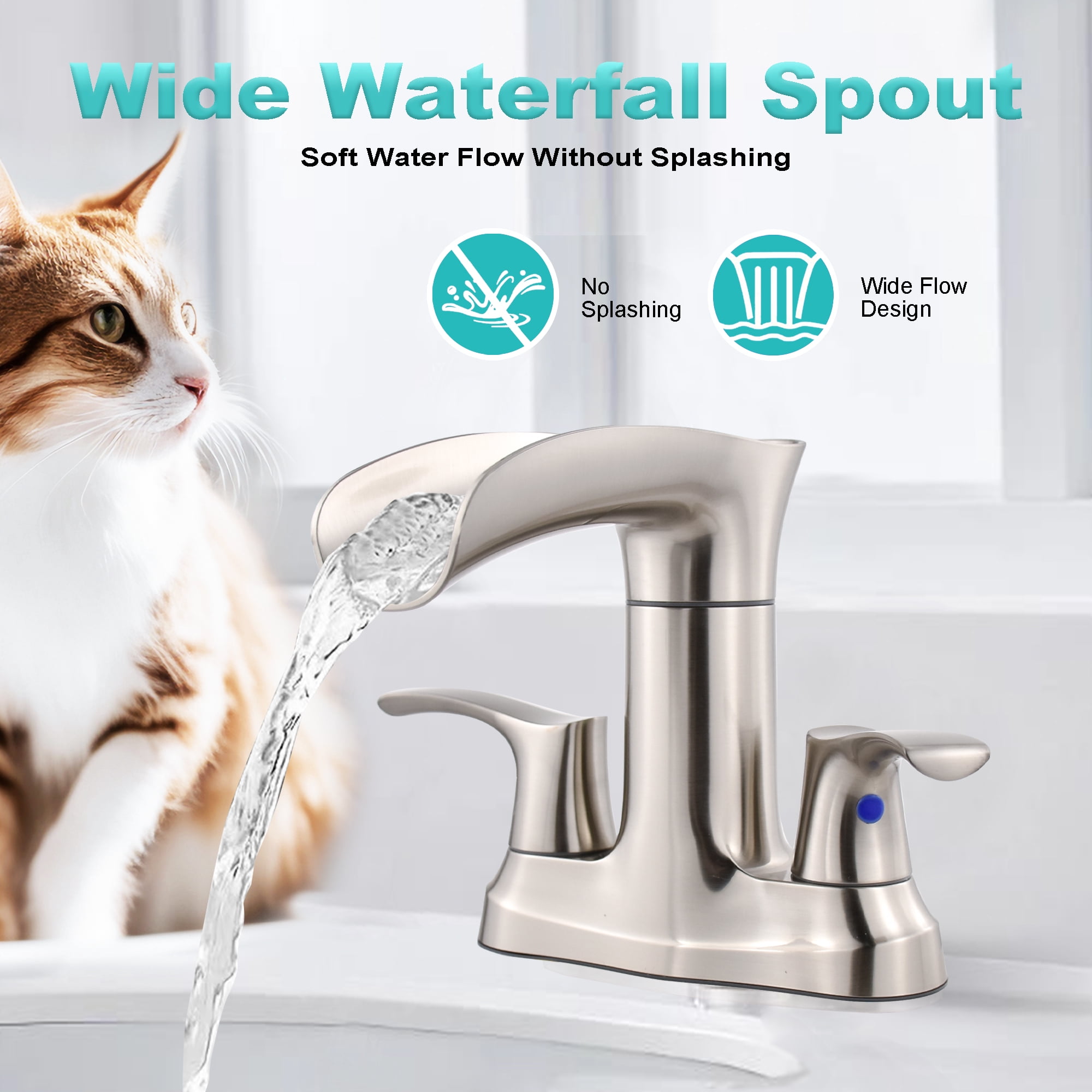 Sunrinx 4'' Centerset Bathroom Faucet 2-Handle Waterfall Faucet with 360° Swivel Spout, Brushed Nickel, Lead-Free Plastic, Pop-Up Drain