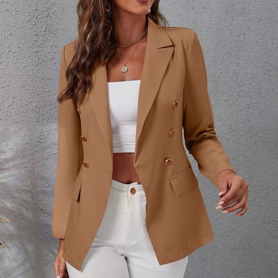 Hesxuno Blazer Jackets For Women Trendy Solid Double Breasted Business Attire Slim Fit Lapel Long Sleeve Coats Office Casual Ladies Tops