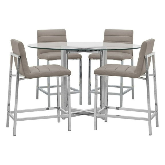 Modus Amalfi 5PC 48" Round Counter Glass Tbl & 4 Metal Back Stool Set-Taupe