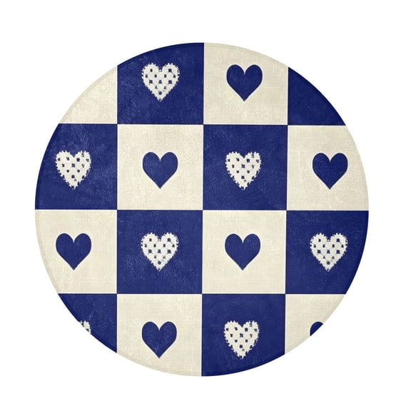 BZSMCE Blue White Heart Round Fluffy Area Rug 32.2in Non-Slip Circular Shaggy Rug