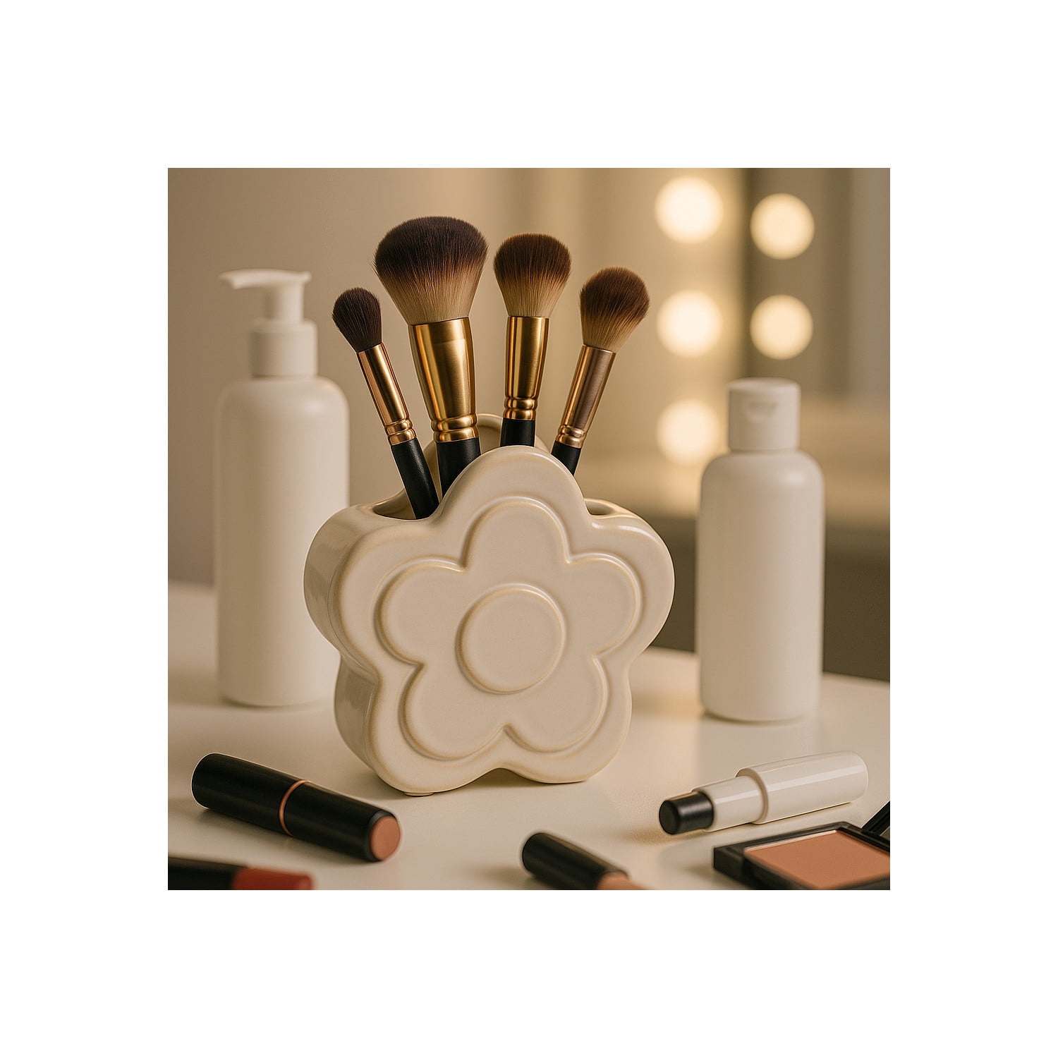 Decorative Ceramic Flower Shape Desktop Organizer for Home Decor - Small Desk Organizer for Office, Workspaces, or Storage - Stylish Office Accessory Decor for Bedroom or Bathroom - 6", Ivory & White