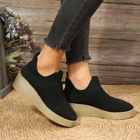 

Cathalem Leisure Women s Four Seasons Mesh Solid Color Non Slip Wedges Round Toe Breathable Slip On Womens Shoes Business Casual Black 7