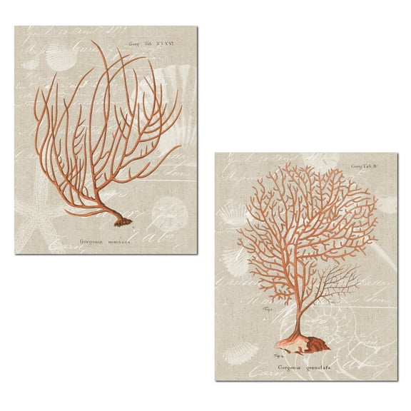 Nautical Orange and Tan Coastal Coral Adult Decor; 2 - 11" x 14" Un-Framed Posters