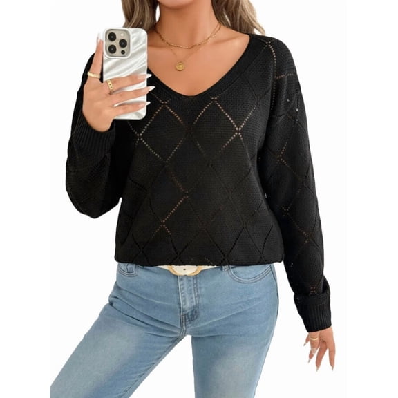 Women'S Crochet Sweater Top Hollow Out Long Sleeve Pullover Tops Fall Outfits Fashion Black XL