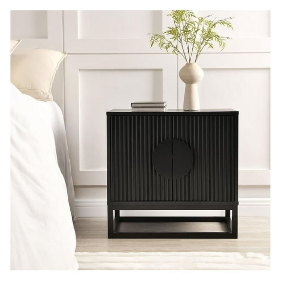 Modern Black Night Stand 24" Wide with Solid Wood Doors, Bedroom Nightstand 24" Tall Bedside Tables, Century Vintage Fluted Sofa End Side Table Living Room