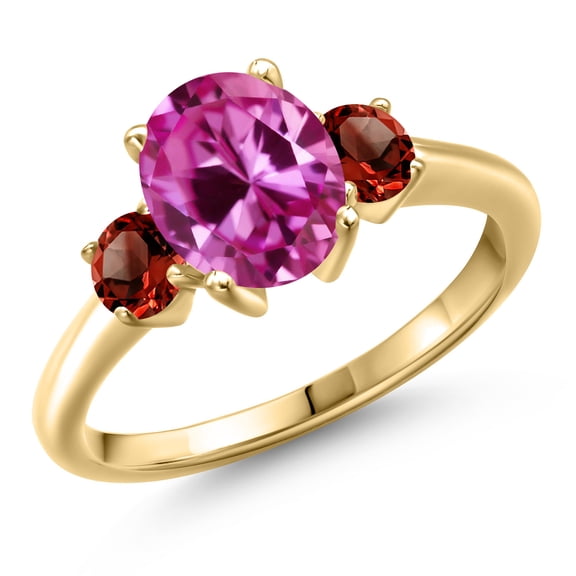 Gem Stone King 10K Yellow Gold Pink Created Sapphire and Red Garnet Engagement Ring for Women | 1.74 Cttw | Oval 9X7MM | Gemstone September Birthstone | Size 9