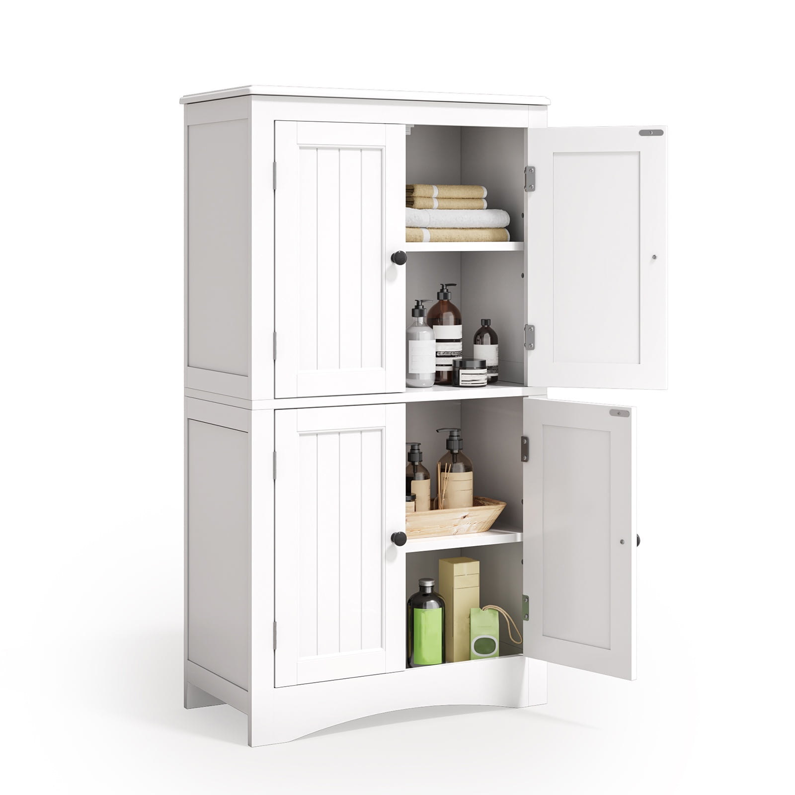 Floor Cabinet, Asofer Bathroom Storage Cabinet with Adjustable Shelves and 4 Magnetic Doors, 43" Wooden Pantry Cabinet for Kitchen, Living Room, White