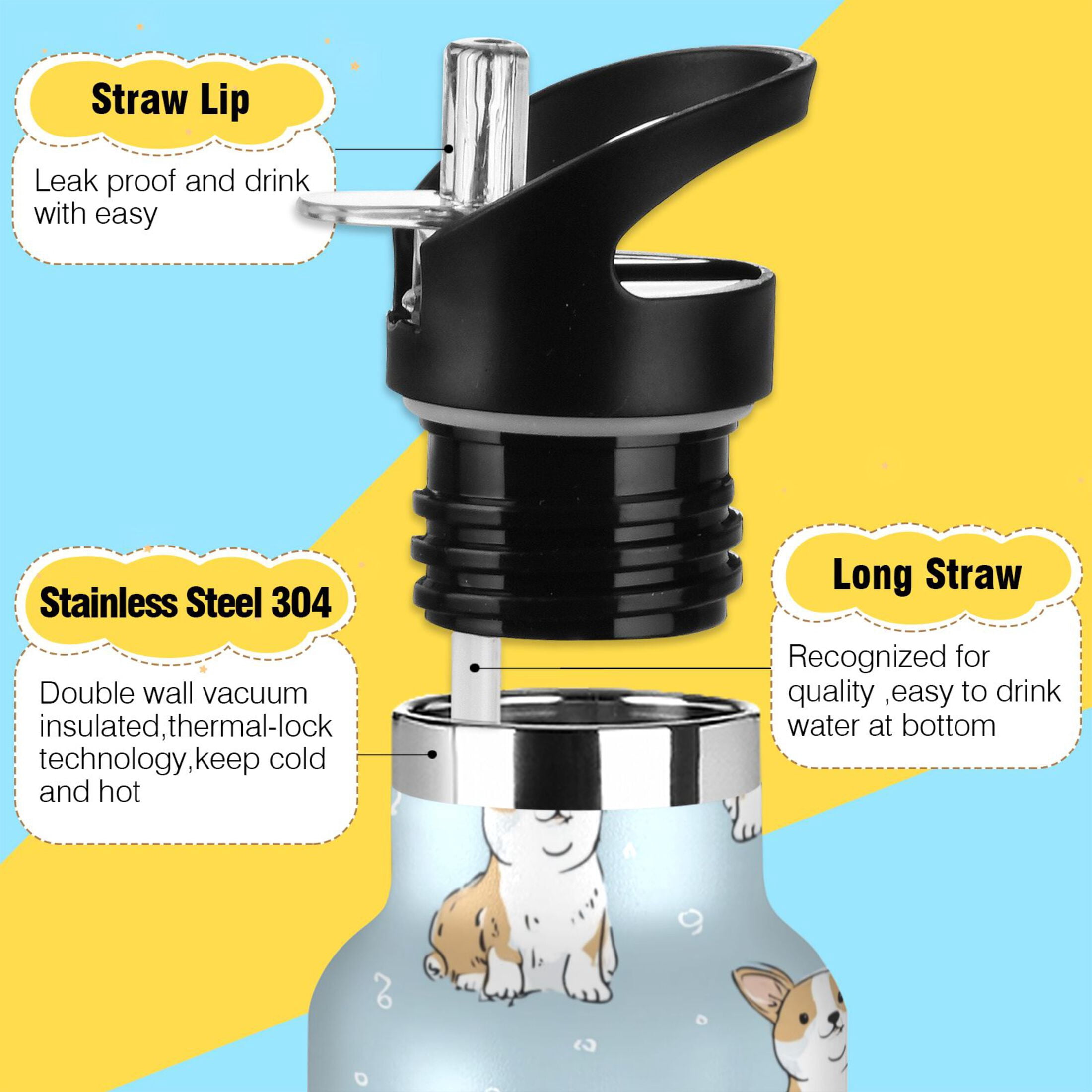 Kids Insulated Stainless Steel Sports Water Bottle 600ml Cute Little Dog Pattern