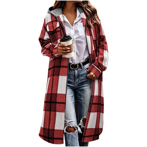 Trikvn Women's Long Plaid Coat Zip Up Hooded Jacket Longline Flannel Duster Outerwear Fall Trench Coat with Chest Pockets Casual Trendy Winter Overcoat