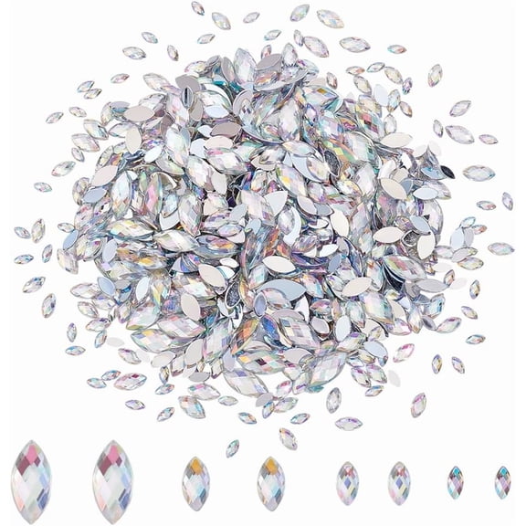 1200Pcs 4 Sizes AB Horse Eye Rhinestones Glitter Gems Flat Back Marquise Rhinestones Horse Eye Shaped Gems for DIY Crafts Nail Art Clothes Phone Case Decoration Projects
