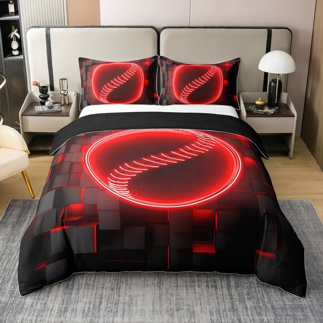 Erosebridal Red Baseball 100% Cotton Comforter Cover Full, Neon Softball Bedding Full Size, Square Geometry Decor, Reversible 3pcs(No Comforter)