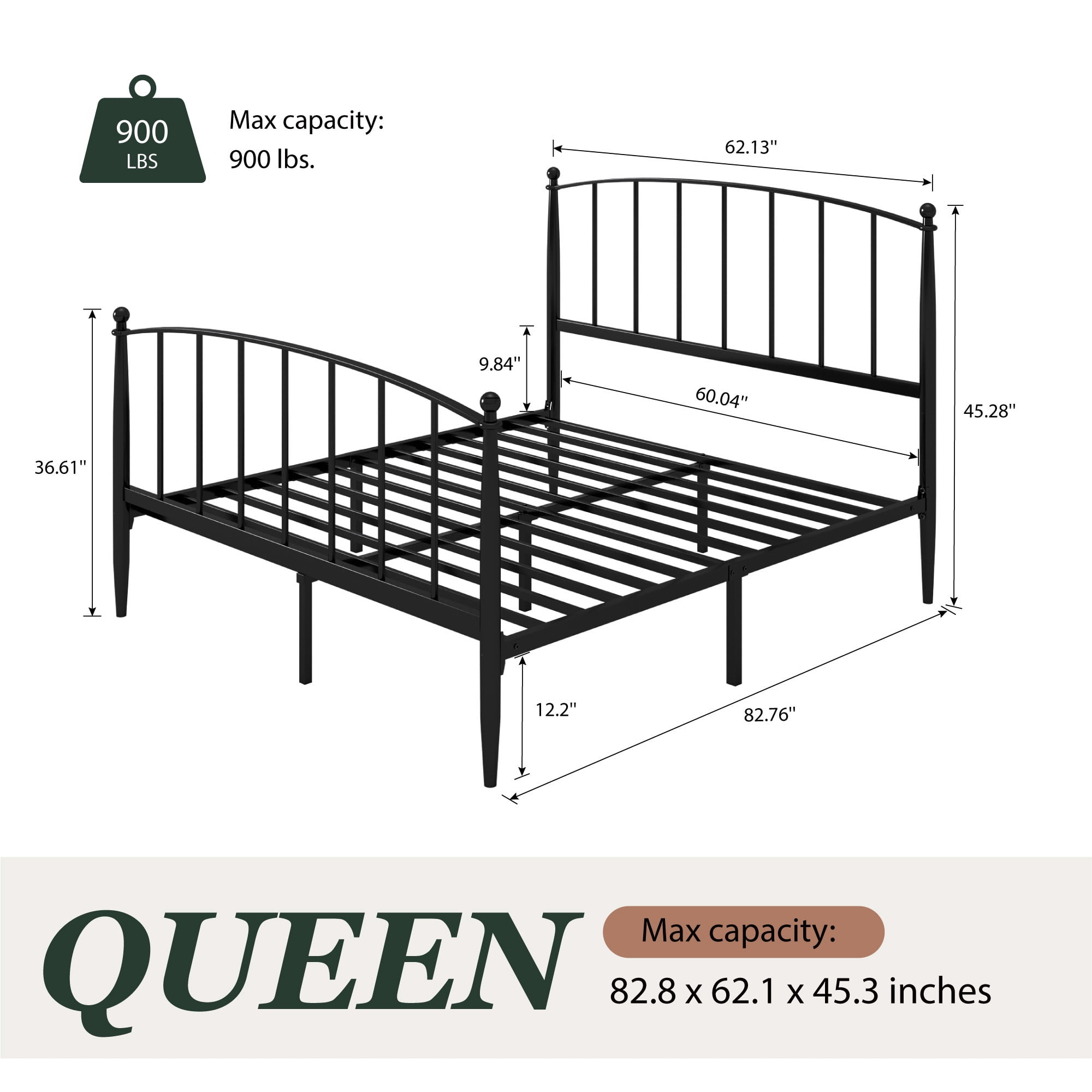 Amolife Queen Bed Frame, Metal Platform Bed with Curved Headboard and Footboard, Ample Under-Bed Storage Space, No Box Spring Needed, Black