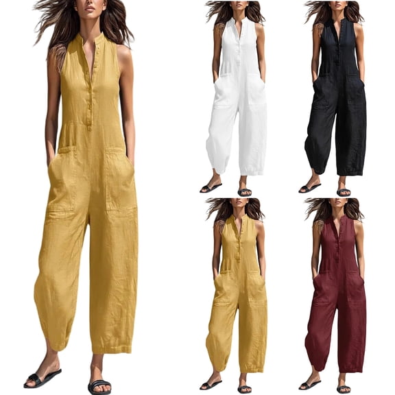 Sewkxo Linen Jumpsuits for Women Summer Sleeveless Stand Collar Wide Leg Jumpsuit Loose Fit Button Up Overall with Pocket,Wine L