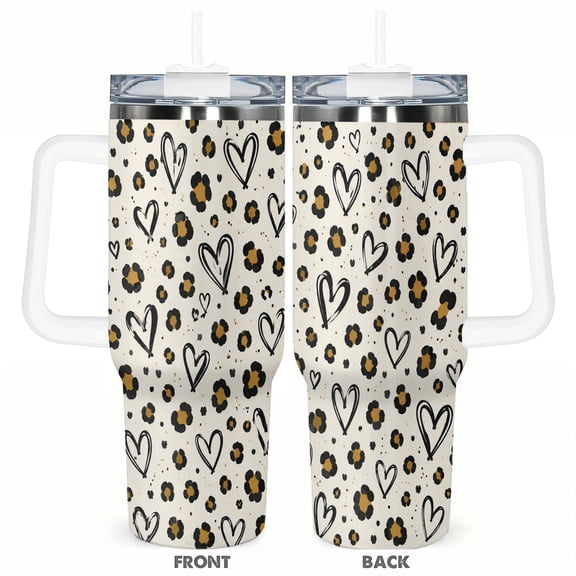 Leopard Heart Pattern 40oz Insulated Tumbler with Handle and Straw Travel Coffee Cup Car Cup Gift for Women