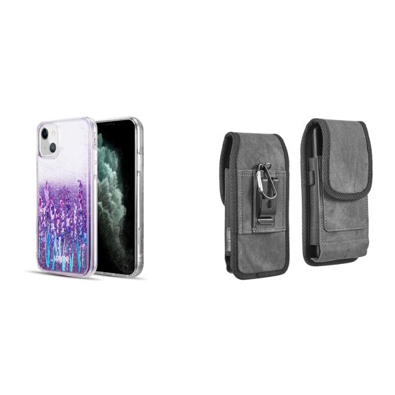 Liquid Glitter Case for iPhone 14 Plus and Belt Holster Pouch - Lavender Purple
