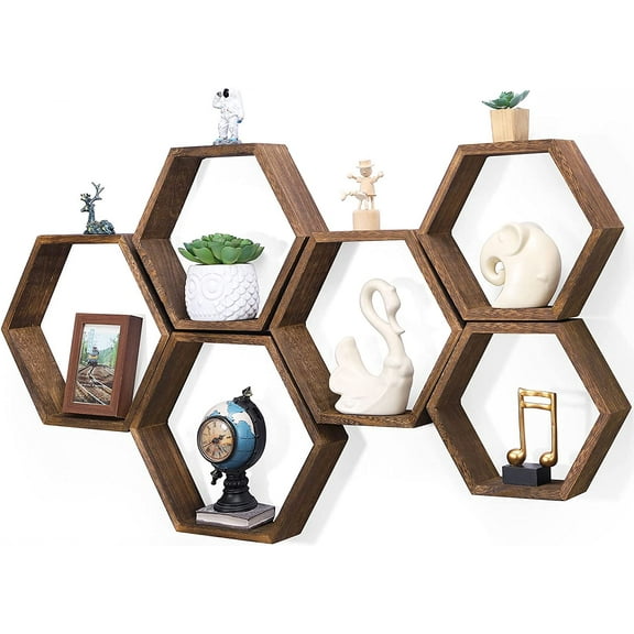 Hexagon Floating Shelves Set of 6 Honeycomb Shelves for Wall, Brown