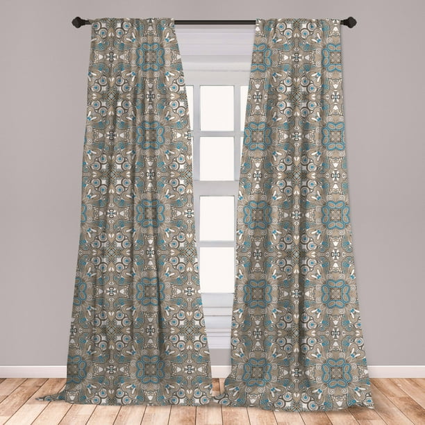 Ethnic Curtains 2 Panels Set, Bohemian Inspired Persian Flowers Vintage