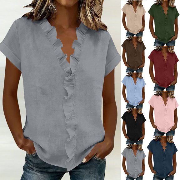 Dvprdro Womens Ruffle Collar Blouses Short Sleeve V Neck Cotton Linen Solid Tops Casual Summer Pullover Shirts