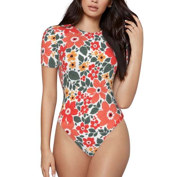 Balery Small Coral Red Flowers Body de cuello redondo de manga corta para mujer Tops de manga corta Tops básicos-XX-Large