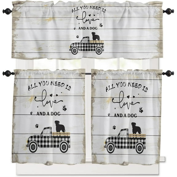 Kitchen Curtain Valance and Tiers Set 3 Pieces All You Need is Love and Dog Valances for Window Wood Grain Farmhouse Rod Pocket Treatments Curtains Valance Tier Sets for Living Room Bedroom 54x36 Inch