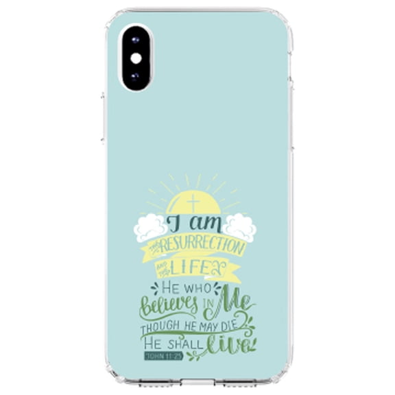 DistinctInk Clear Shockproof Hybrid Case for iPhone XR (6.1" Screen) - TPU Bumper, Acrylic Back, Tempered Glass Screen Protector - John 11:25 - I am the Resurrection and the Life