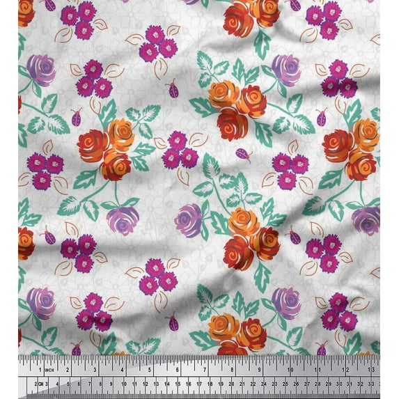 Soimoi Cotton Cambric Fabric Leaves & Rose Flower Print Fabric by the Yard 42 Inch Wide