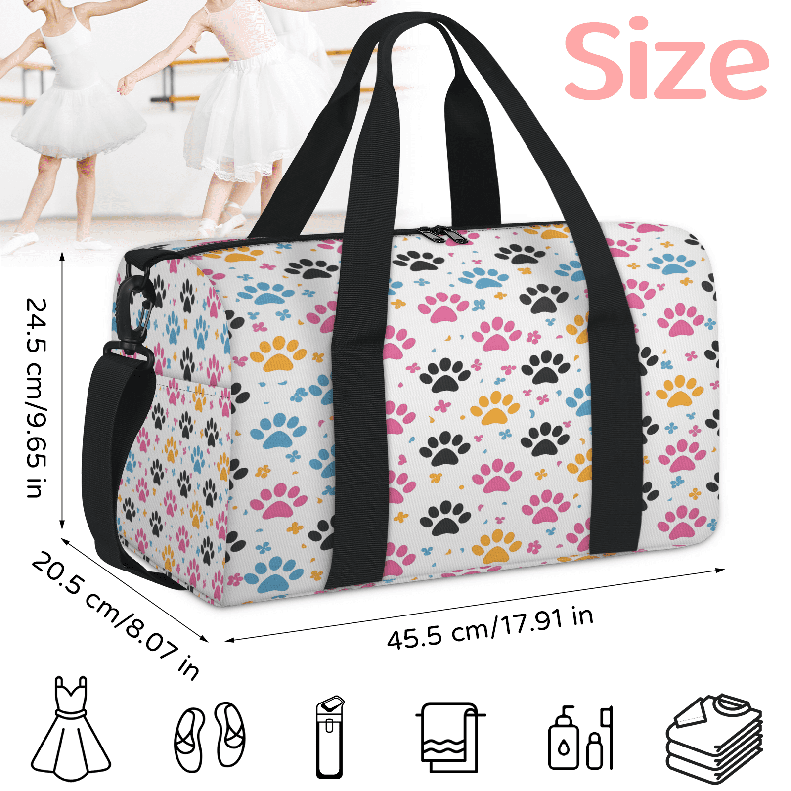 Herdesigns Cute Dog Paws Print Gym Bag for Women, Duffle Bag for Travel Sport, Lightweight Waterproof Carry on Weekender Overnight Dance Yoga Workout Bags