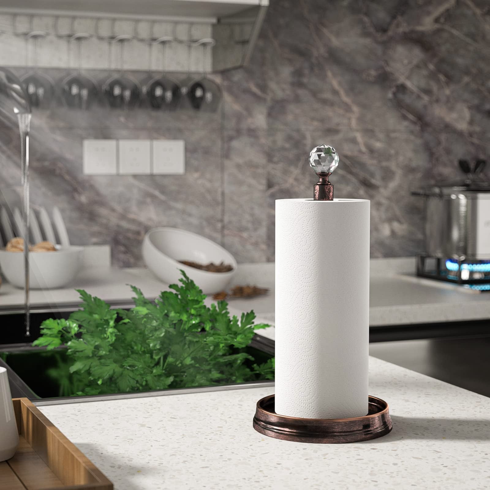 Paper Towel Holder (with Crystal Ball) Steel Countertop Stand For Kitchen Countertops  Bars & Dining Tables Fits Standard Rolls Oil Rubbed Bronze