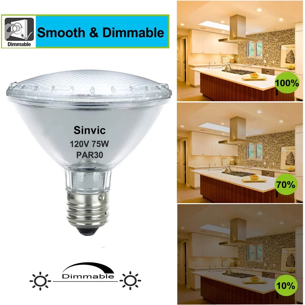 Sinvic Par30 Short Neck, 6 Pack High Output Par30s Halogen 75W 120V, Par30 Dimmable Warm White 3000K, 75W Par30 Flood Light with E26 Medium Base for Recessed Trim Lighting, Track Light