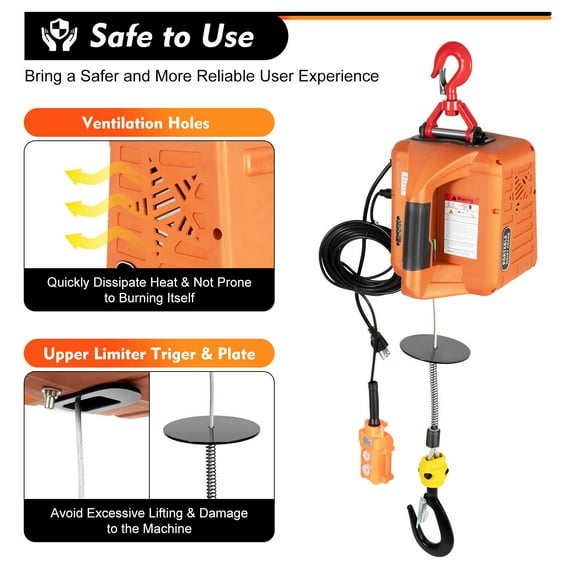 1500W 660 lbs Electric Hoist Winch Engine Crane Overhead Lifting Wireless Remote for factories, warehouses