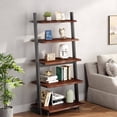 thumbnail image 3 of 5-Tier Solid Wood Ladder Bookshelf with Natural Live Edge, Walnut Finish, Leaning Space-Saving Shelf for Living Room, Bedroom, Home Office, 3 of 8