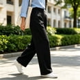 thumbnail image 2 of DENTOYOU Women's Wide Leg Pants with Pockets Work Dress Linen Pants Trendy Business Casual Outfits Comfort Fit Slacks Trousers Black L, 2 of 5