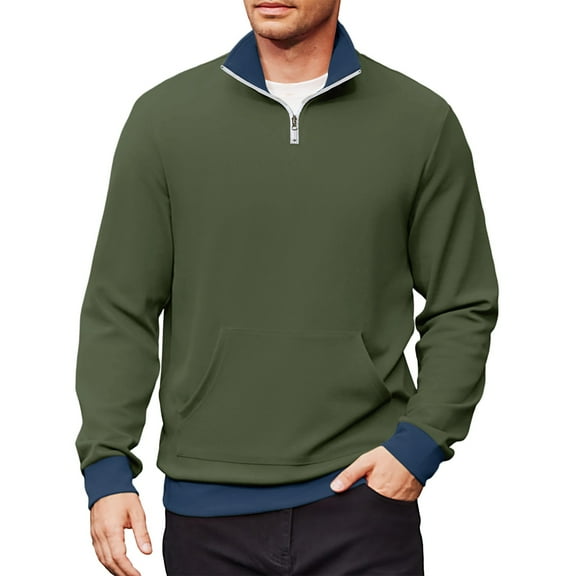 Mohiass Mens Color Block Sweatshirts No Hood Quarter Zip Long Sleeve Pullover Shirts Stand Collar Lightweight Comfy Sweatshirt with Pocket Army Green L
