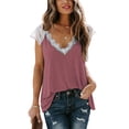thumbnail image 1 of Top de encaje con cuello en V para mujer, camisa de verano informal de moda con empalme de encaje para mujer, para compras diarias al aire libre, Rosa XL, 1 of 3