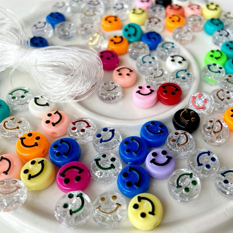 300 Pcs Smiley Face Beads Kit With Crystal String, 10mm Happy Face Loose  Spacer Beads Cute Smiley Preppy Flat Round Beads For Diy Bracelet Jewelry  Mak