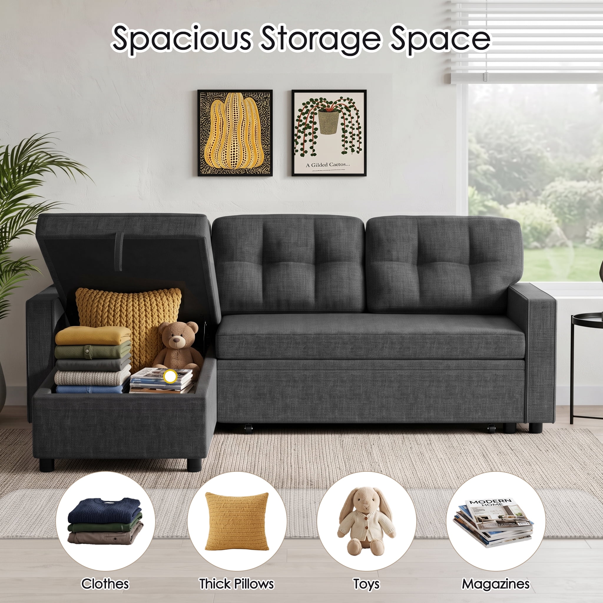 avobird 82" L Shaped Sleeper Sofa Bed, 3-Seat Convertible Sectional Couches with Storage Chaise, Linen Fabric Pull Out Couch for Living Rooms, Apartment, Dark Gray