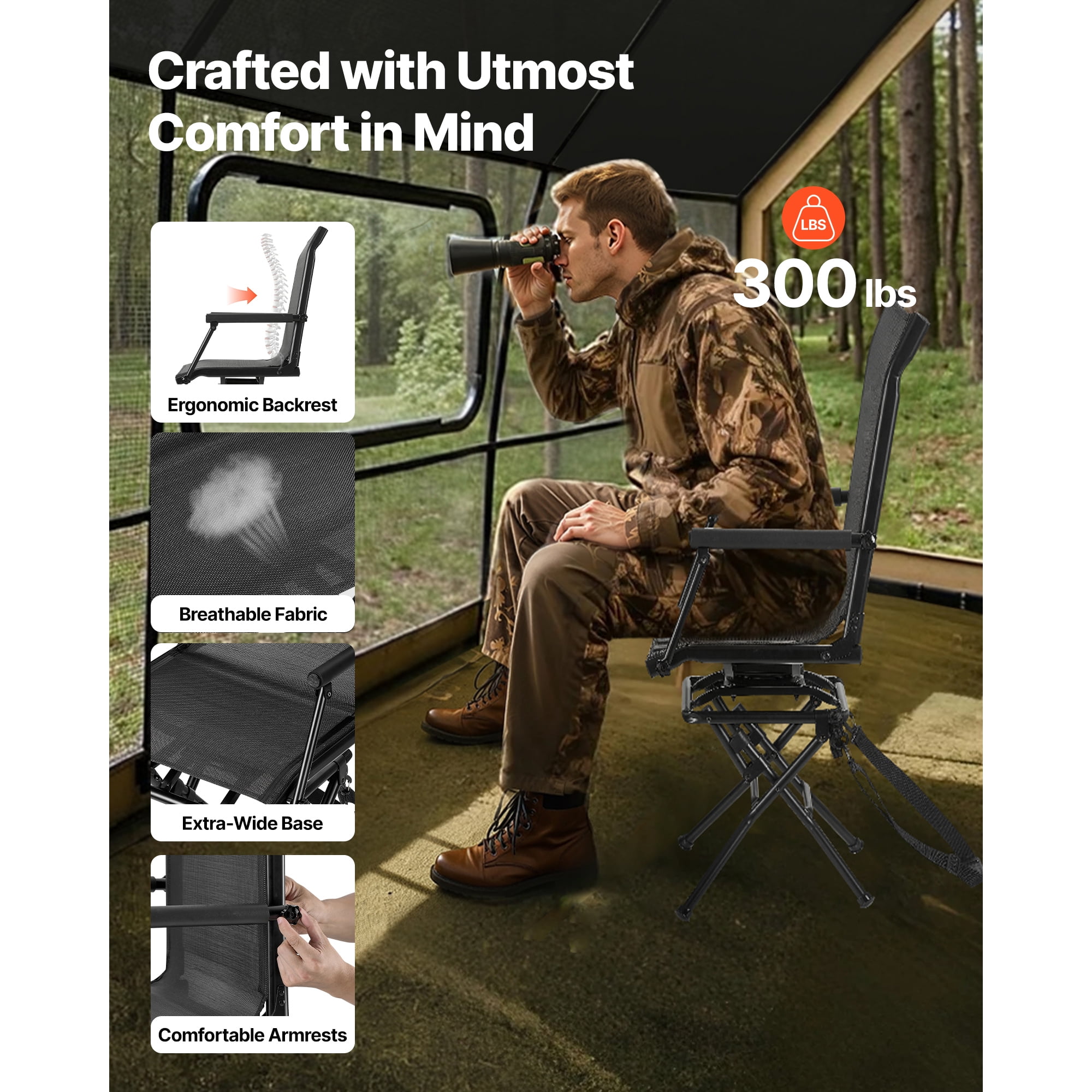 KFFKFF Hunting Chair with 360° Quiet Swivel, Foldable and Lightweight Portable Blind Seat, Durable Steel Frame Ground Stool with Armrests, Adjustable Carry Strap, Supports Up to 300 Lbs