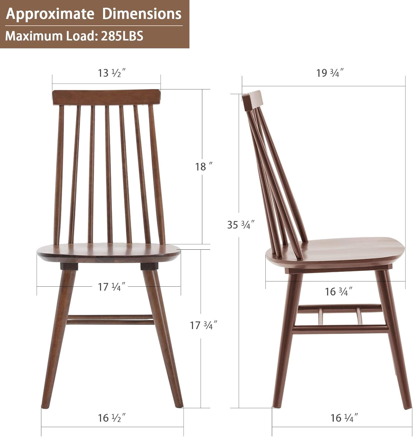 Windsor Dining Chairs Set of 2, Solid Wood Back Kitchen Chairs, Classic Farmhouse Dining Room Chairs for Kitchen, Dining Room, Living Room（Walnut）
