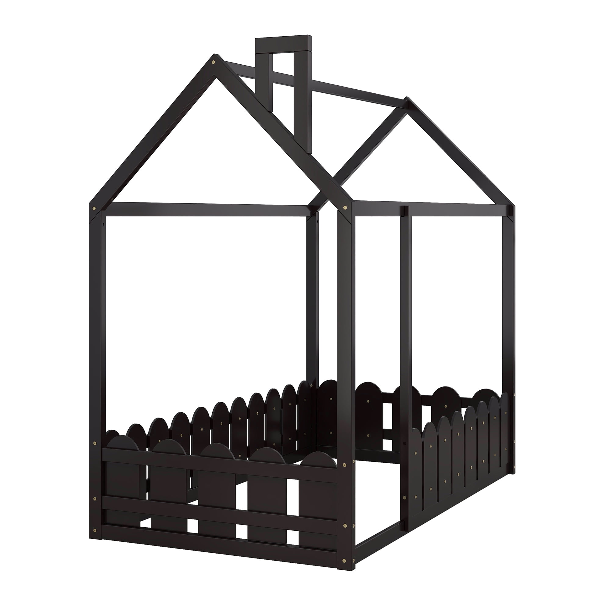 Alvantor Montessori Wood Bed Twin Size House Floor Bed with Fence Playhouse Bed Frame for Girls, Boys Espresso