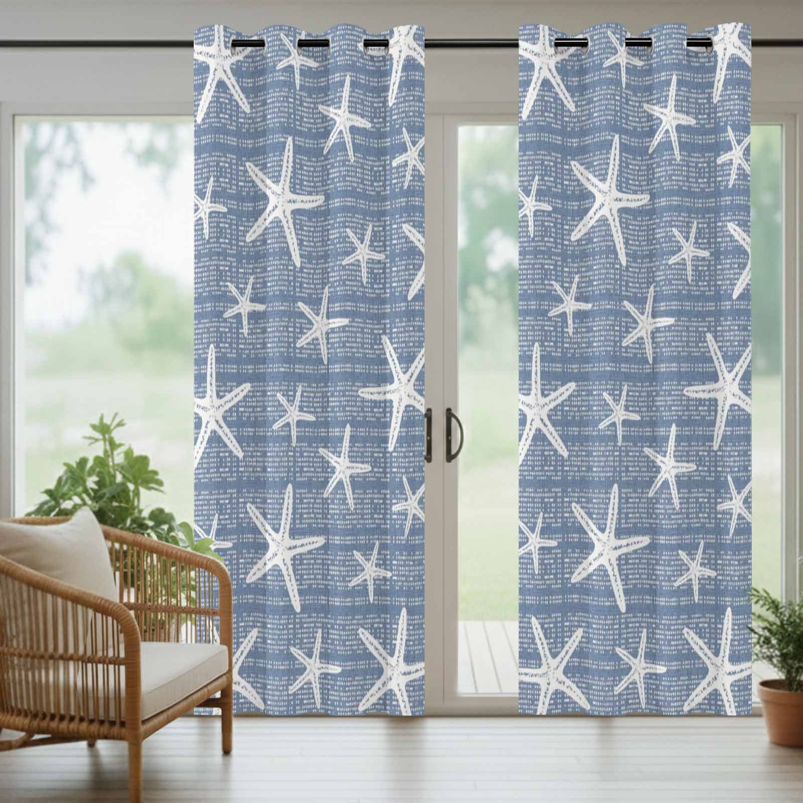 Blue Starfish Coastal Outdoor Curtains for Patio, Beach Summer Nautical Sea Ocean Sunshade Privacy Drapes Grommet Waterproof Outside Curtains for Porch/Cabana/Balcony 54"x 108", 2 Panel
