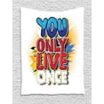 thumbnail image 1 of YOLO Tapestry, Cartoon Style Life Message Comic Book Style Letters on Paint Splashes and Halftone, Wall Hanging for Bedroom Living Room Dorm Decor, 40W X 60L Inches, Multicolor, by Ambesonne, 1 of 2