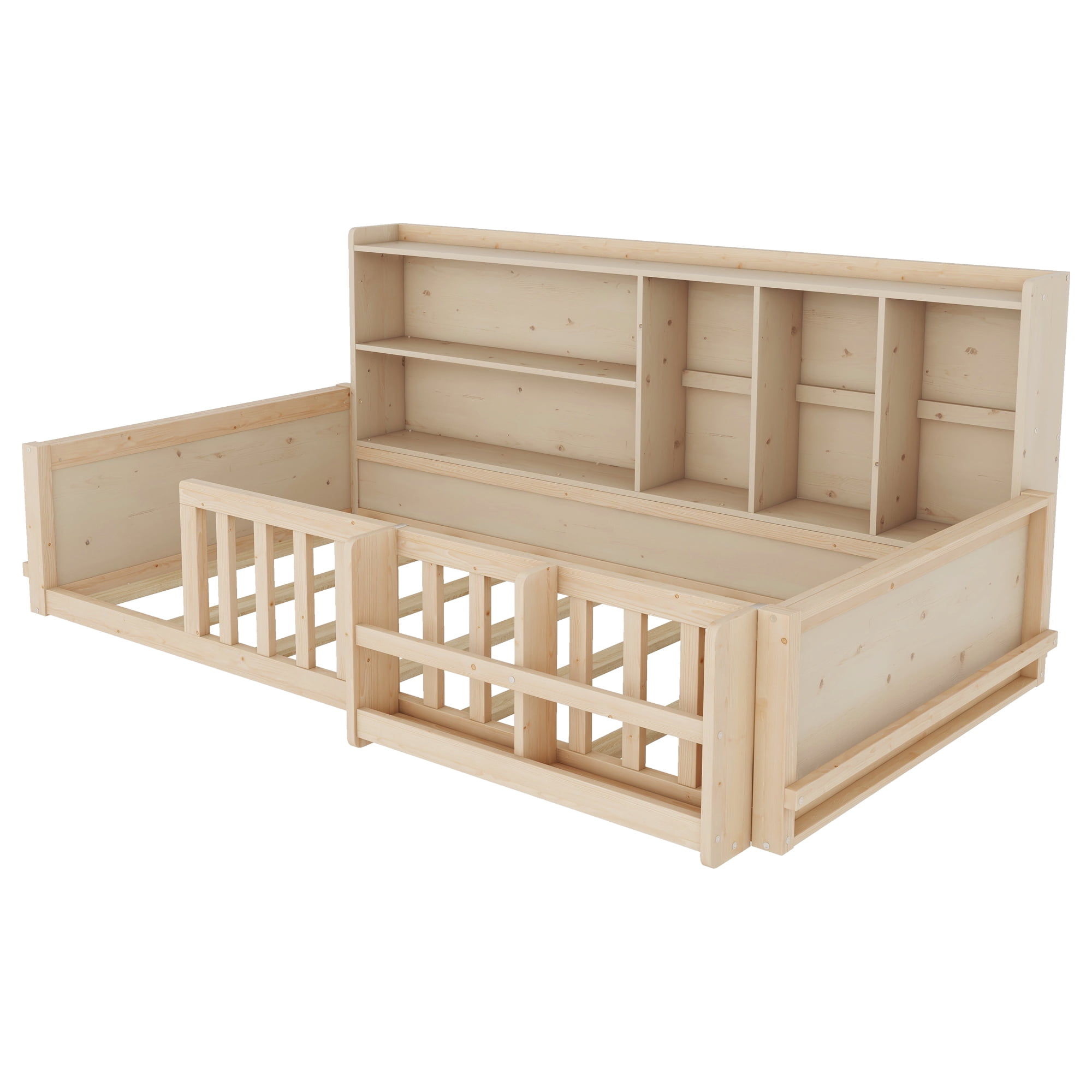 Mintazer Twin Size Montessori Floor Bed with Bookshelf & Guardrails, Kids Platform Bed Frame with Storage Cubbies for Bedroom, Natural