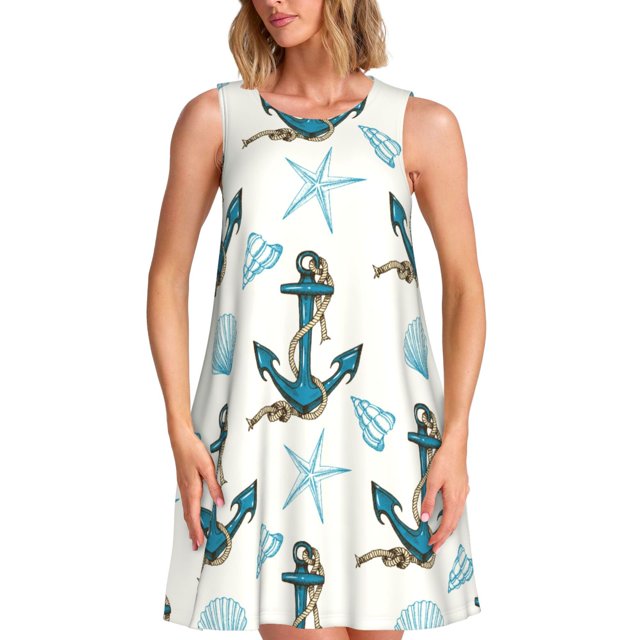 Fotbe Anchors And Shells Vestido de Verano sin Mangas para Mujer – Vestido Midi Línea A, Estilo Camiseta Floral, Vestido Playero Casual y Fluido
