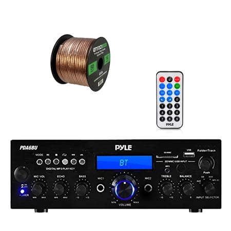 Enrock Pyle PDA6BU Amplifier Receiver Stereo, Bluetooth, FM Radio, USB Flash Reader, Aux input LCD Display, 200 Watt, with Strong Quality 50ft 16g Speaker Wire for Car Audio and Home Speakers
