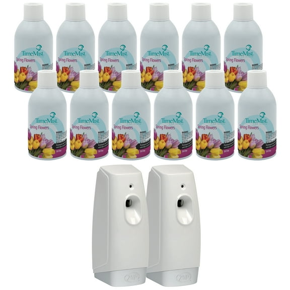 TimeMist Premium Metered Air Freshener Refills, Spring Flowers (Case of 12) with Meter Mist 3000 Ultra Dispenser (2 Pack) - 1042712 - Lasts Up To 30 Days and Neutralizes Tough Odors