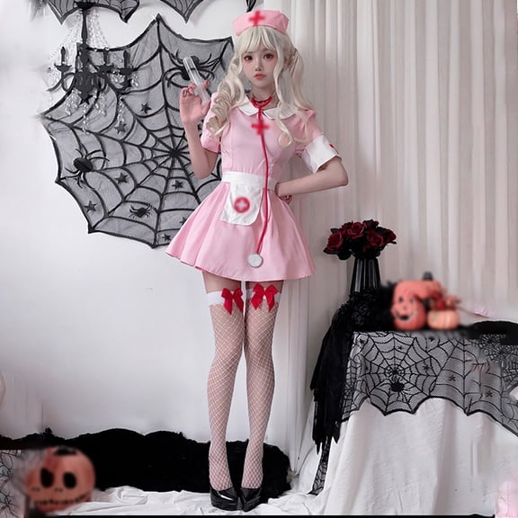 FASHOFT Halloween Dresses For Women Pink Nurse Dress Adult Japanese Cute Role Play Doctor Cosplay Party Stage Outfit Halloween Costumes A