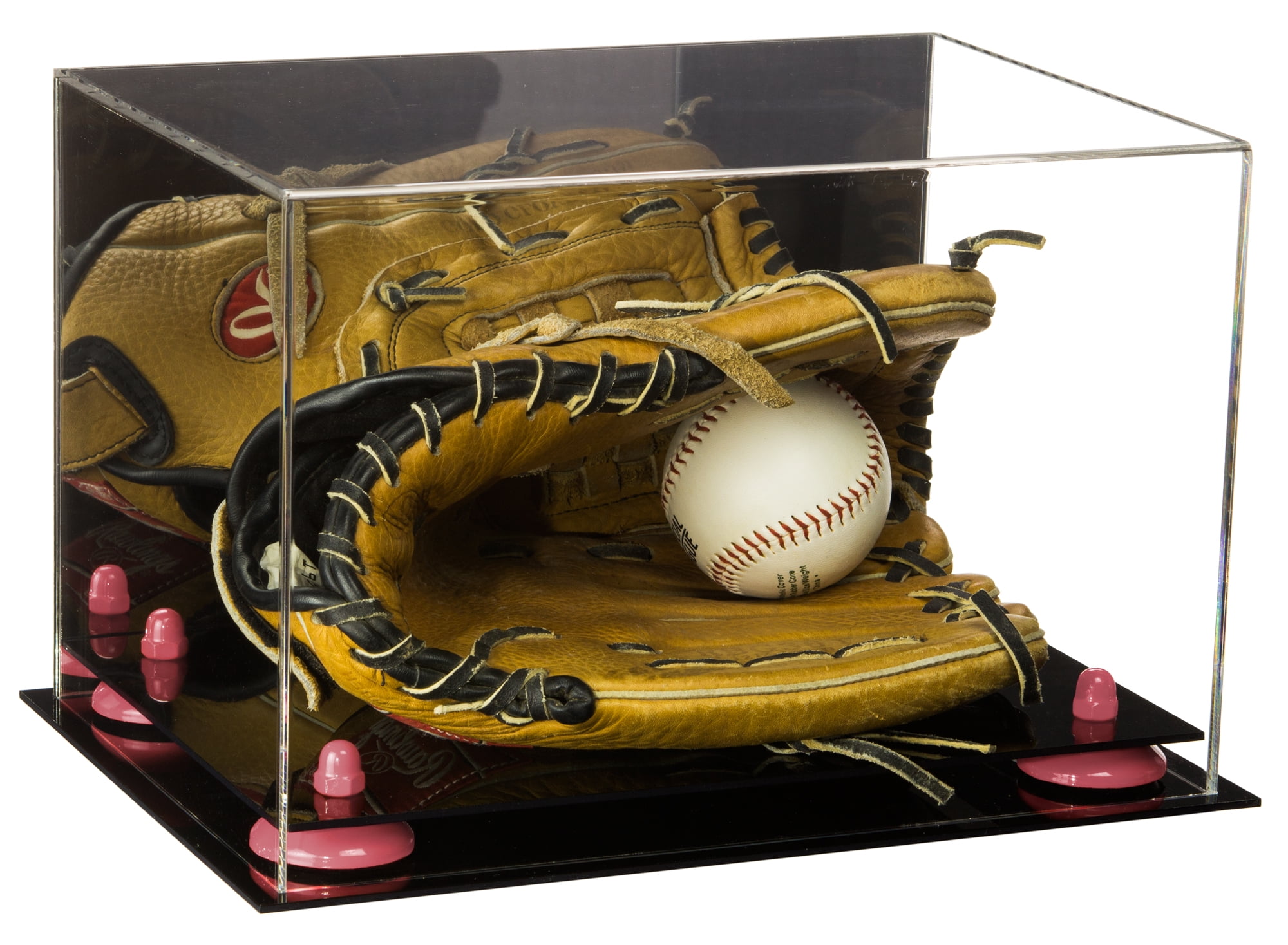 Acrylic Baseball Glove Display Case with Mirror and Pink Risers (A004