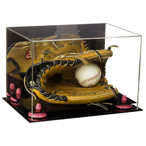 Acrylic Baseball Glove Display Case with Mirror and Pink Risers (A004PNR)