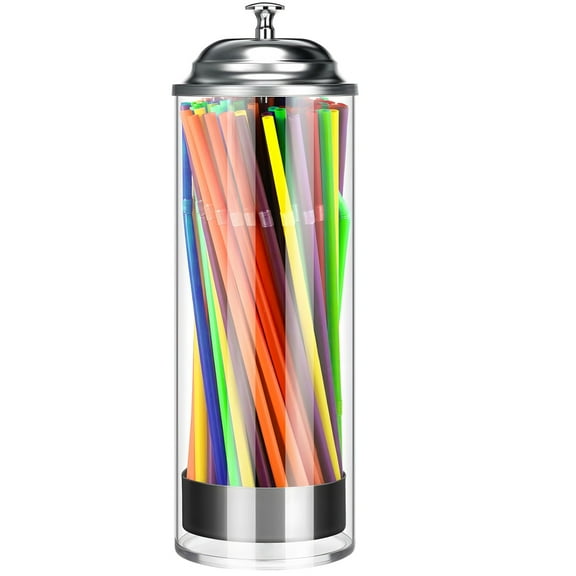 Straw Dispenser for Counter, Glass Straw Holder with Metal Lid - 11.2"x3.5"x3.3" Elegant Countertop Straw Container for Kitchen, Bar, Restaurant - Versatile Organizer for Various Straw Sizes