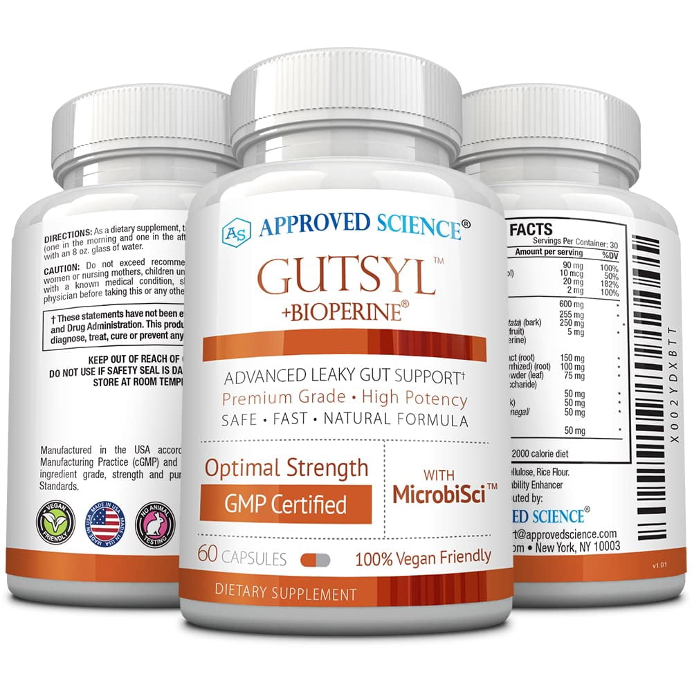 Approved Science Gutsyl - Leaky Gut Supplement - Protect GI Tract with Aloe Vera, Marshmallow Root, Licorice, and Slippery Elm - Contains Prebiotic and BioPerine - 60 Capsules - 100% Vegan